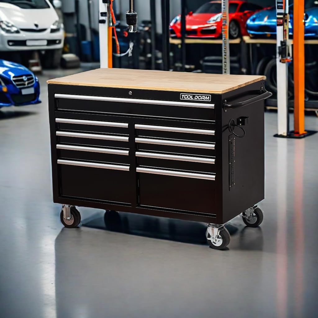 TOOL DORM Rolling Large Tool Chest Extra-Deep 46-Inch 9 Drawers, Big Tool Chest with Drawers, Workbench with Wooden Top & Integrated Power Strip, Rolling Toolbox with Drawers and Locking System TOOL DORM