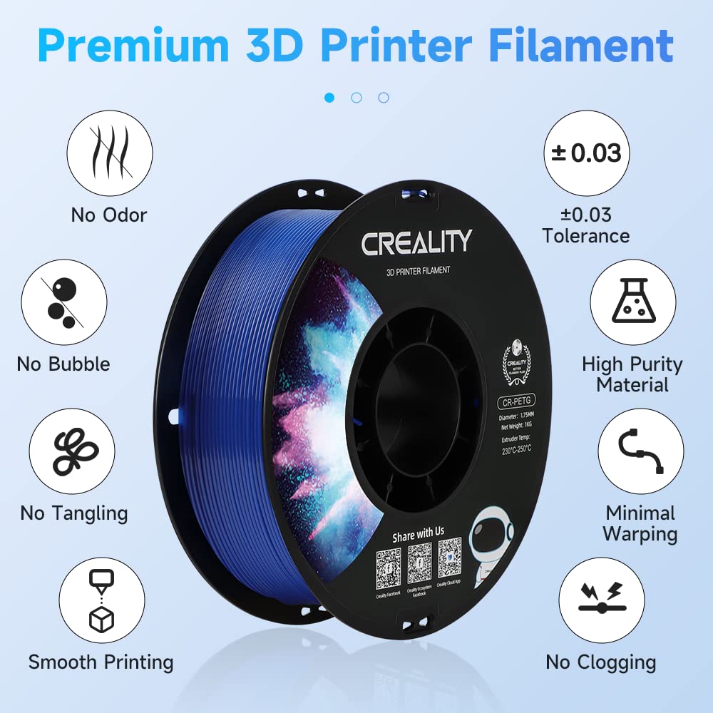 Creality PETG Filament 1.75mm Clear Blue, 3D Printer Filament No-Tangling, Strong Bonding and Overhang Performance Dimensional Accuracy +/-0.02mm, 2.2lbs/Spool Creality