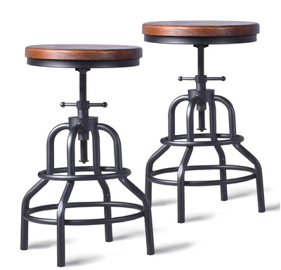 LOKKHAN Vintage Industrial Bar Stool-Rustic Swivel Bar Stool-Round Wood Metal Stool-Kitchen Counter Height Adjustable Pipe Stool-Cast Steel Stool 20-27 Inch (Set of 2)