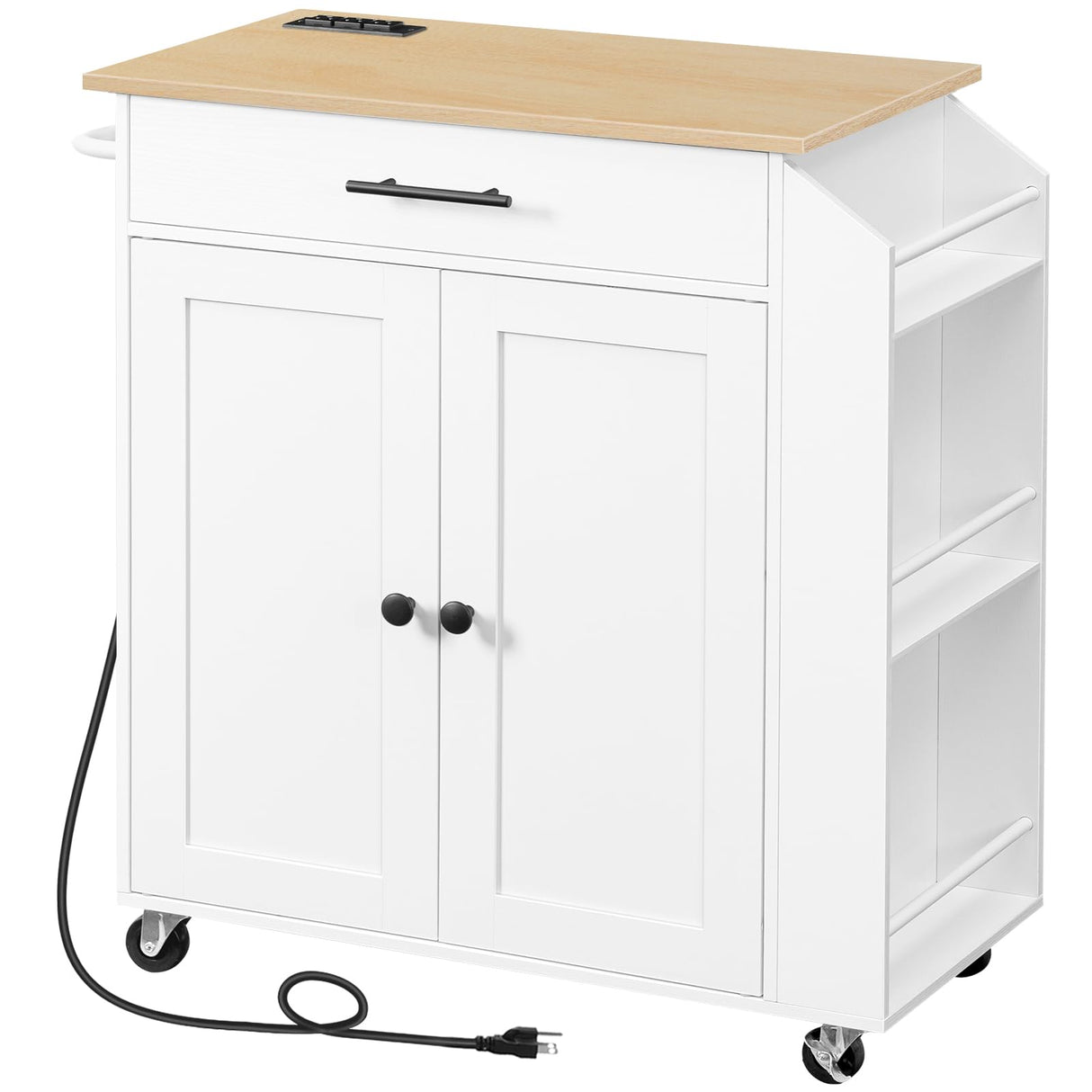 HOOBRO Kitchen Island with Power Outlet, Kitchen Storage Island with Spice Rack and Drawer, Rolling Kitchen on Wheels, for Home, Dining Room, Natural and White HOOBRO