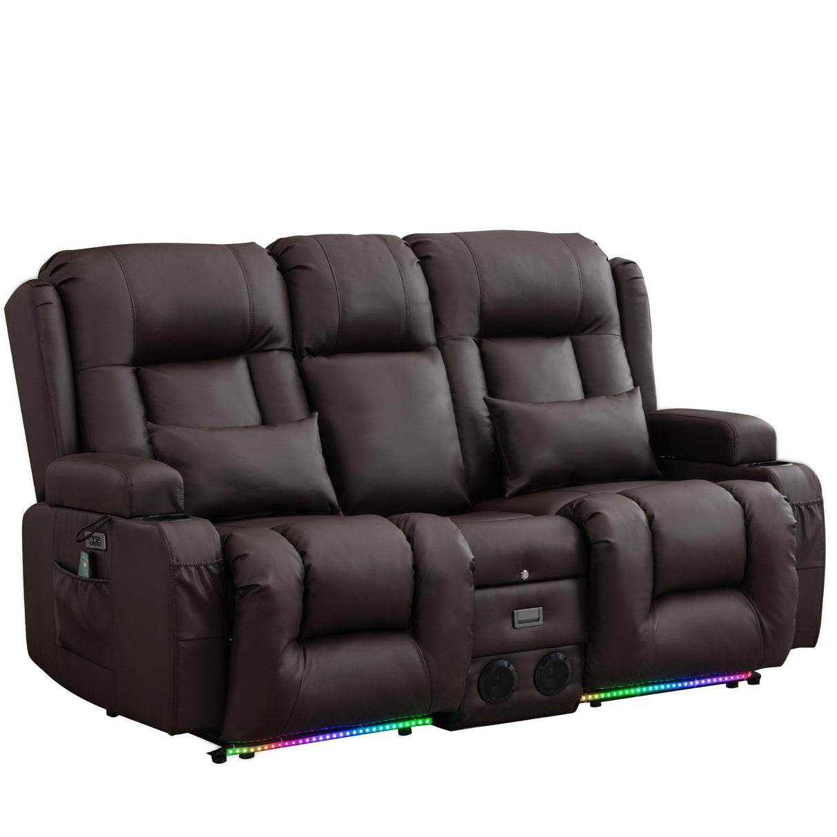 TUNYI Power Loveseat Recliner Sofa with Massage & Heat Home Theater Seating with Console Electric Recliner RV Sofa with USB/Outlet/Storage/Side Pocket/LED Light/Speaker (Brown, Loveseat) TUNYI