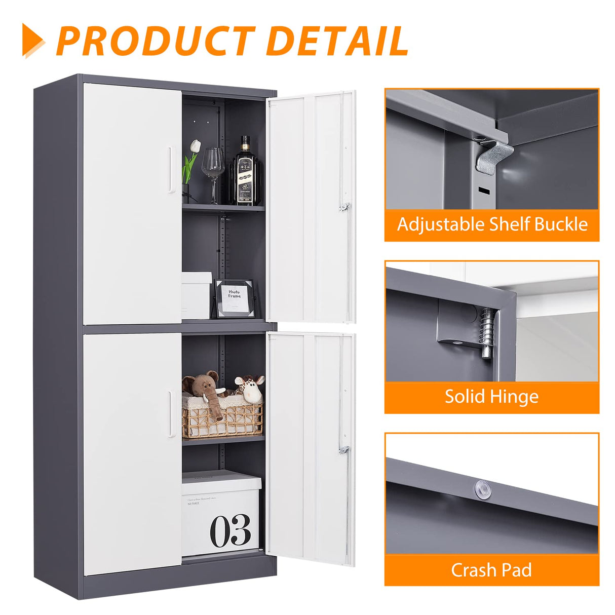 Anxxsu Metal Storage Cabinet, 71" Steel Cabinet with 2 Adjustable Shelves, Locking 4 Doors File Cabinet for Home, School, Office, Hospital, Garage Storage (Grey White) Anxxsu