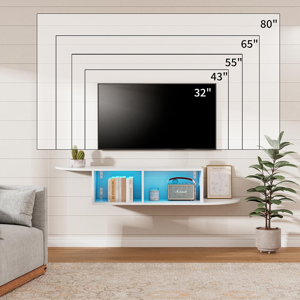 Algglobuy 59'' Modern TV Stand with Power Outlet, LED Entertainment Center with Open Storage Shelves for TVs up to 65 Inch, TV Media Console Table for Living Room, Bedroom (White) Algglobuy