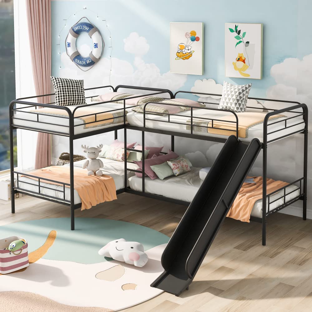 DNChuan Quad Bunk Beds,Metal L-Shaped with Slide and Ladder,Twin Size Bunk Beds for 4 - Black DNChuan