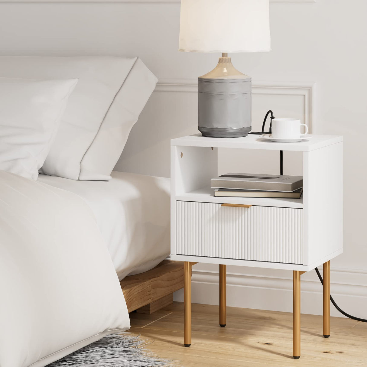 Masupu Nightstand with Charging Station,Mid-Century Modern Bedside Table with Storage Drawer and Open Wood Shelf,Small Gold Frame Side Table for Bedroom,Living Room (White) Masupu