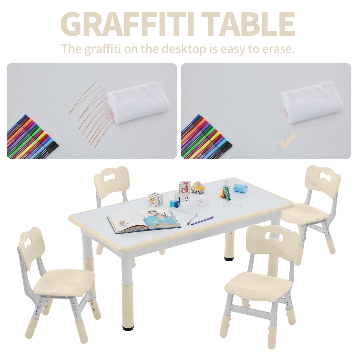 DOREROOM Toddler Table and Chairs Set for 4, 47.2''L x 23.6''W Kids Study Table and Chair Set, Height-Adjustable, Graffiti Desktop, Children Activity Table for Daycare, Classroom, Home DOREROOM
