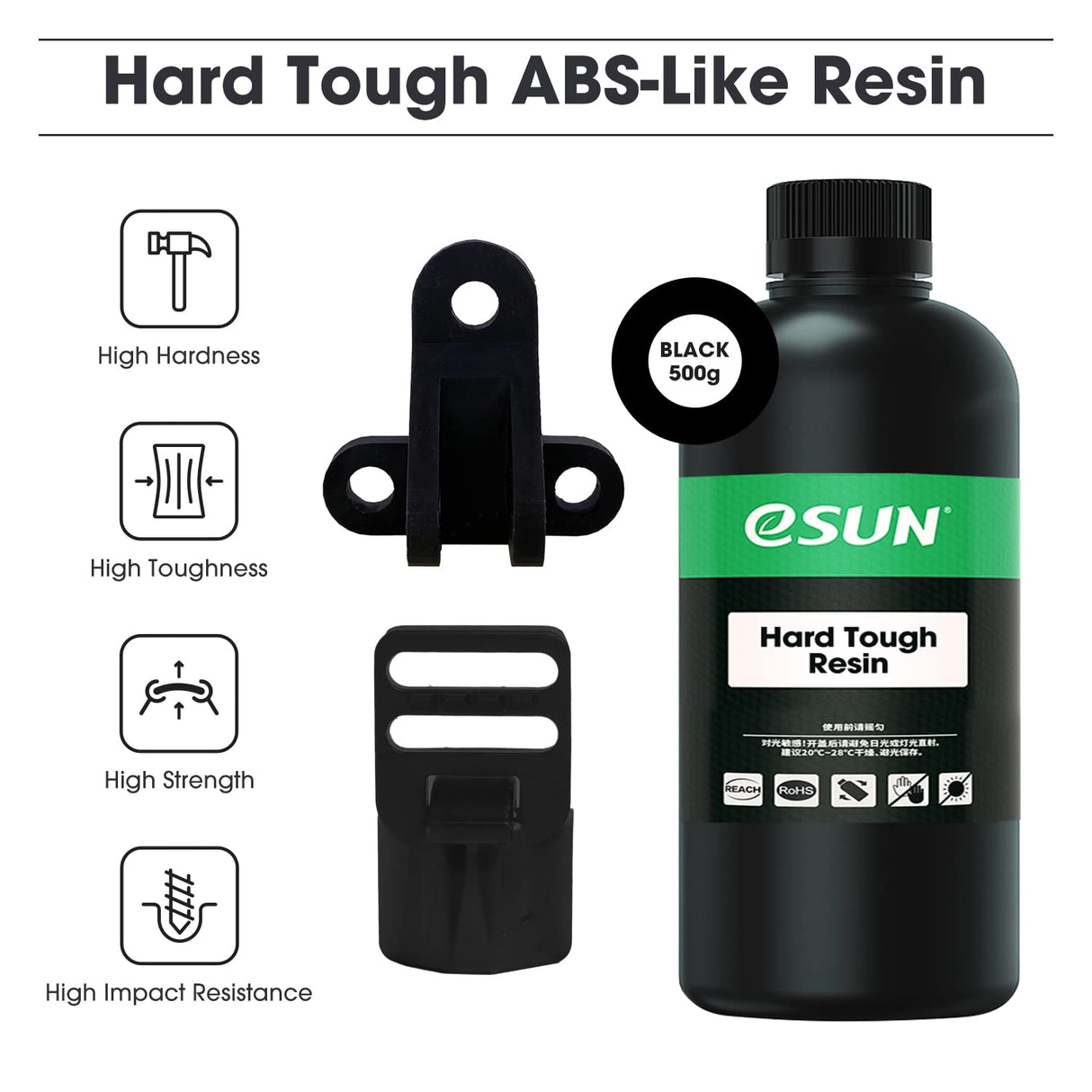 eSUN 405nm LCD 3D Printer Rapid Resin UV Curing Resin ABS-Like Rapid Resin Hard Tough Resin High Impact High Tough Photopolymer Resin for Photon UV Curing LCD 3D Printer, Plastic Bottle, 500g Black eSUN