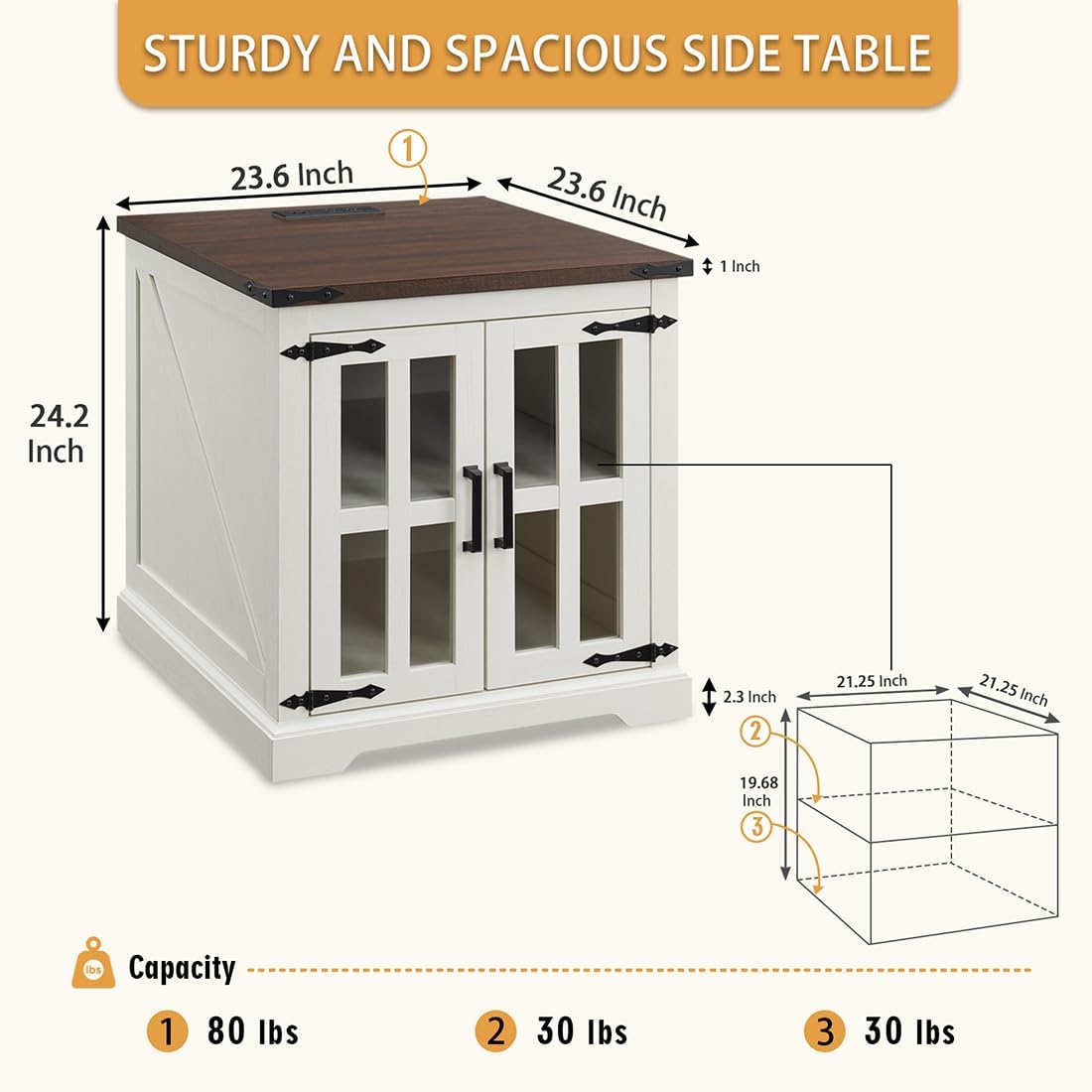 Barnyatoh Farmhouse End Table with Charging Station,24" Large Sofa Side Table with Glass Barn Door, Rustic Wood Nightstand Bedside Table with Adjustable Storage Shelf for Living Room, Bedroom,White Barnyatoh