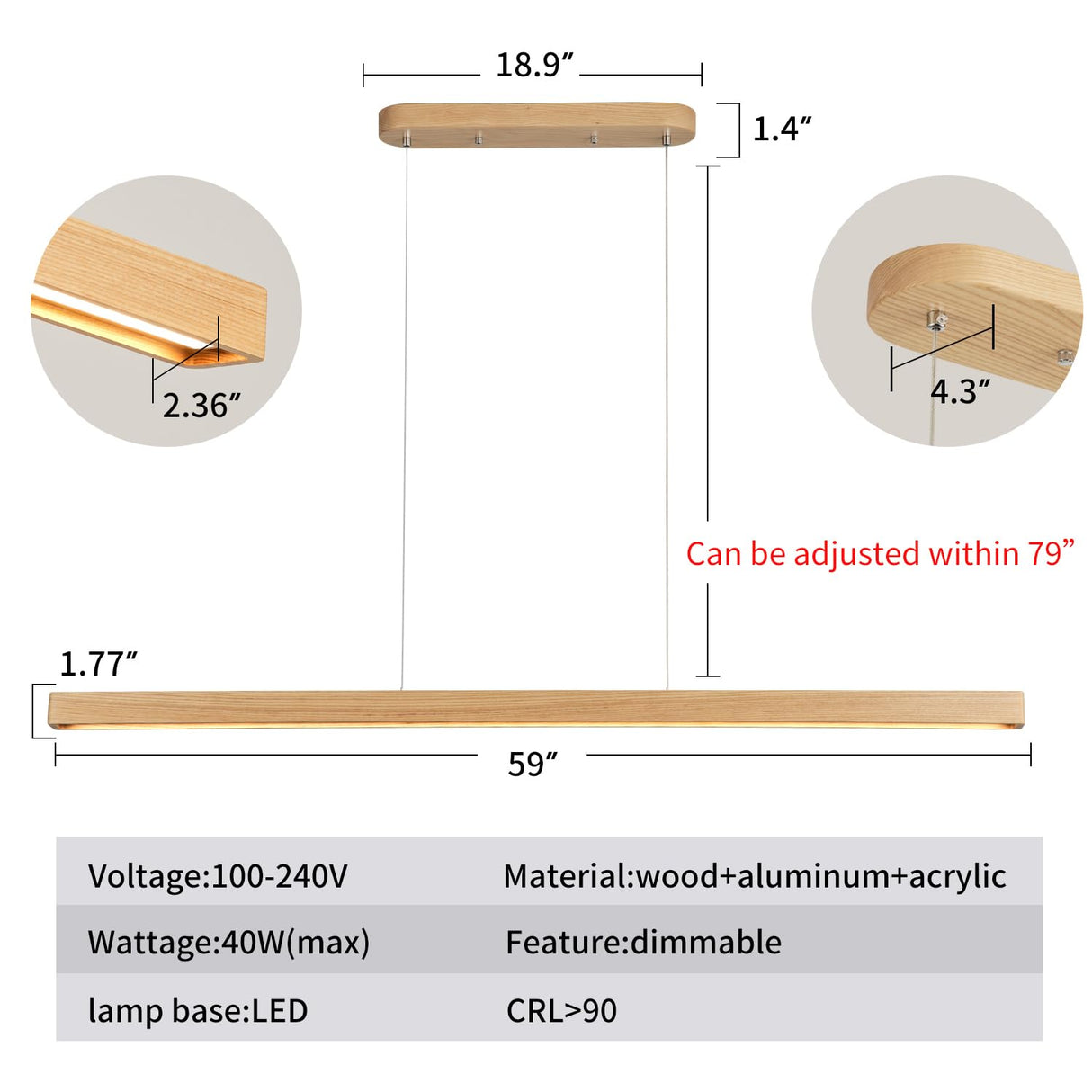 YISDESIGN 59" Natural Wood LED Linear Pendant Light Fixture 40W Led Dining Room Light Dimmable Hanging Light Fixture for Dining Room Kitchen Island Pool Table Lights Natural Wood Color YISDESIGN