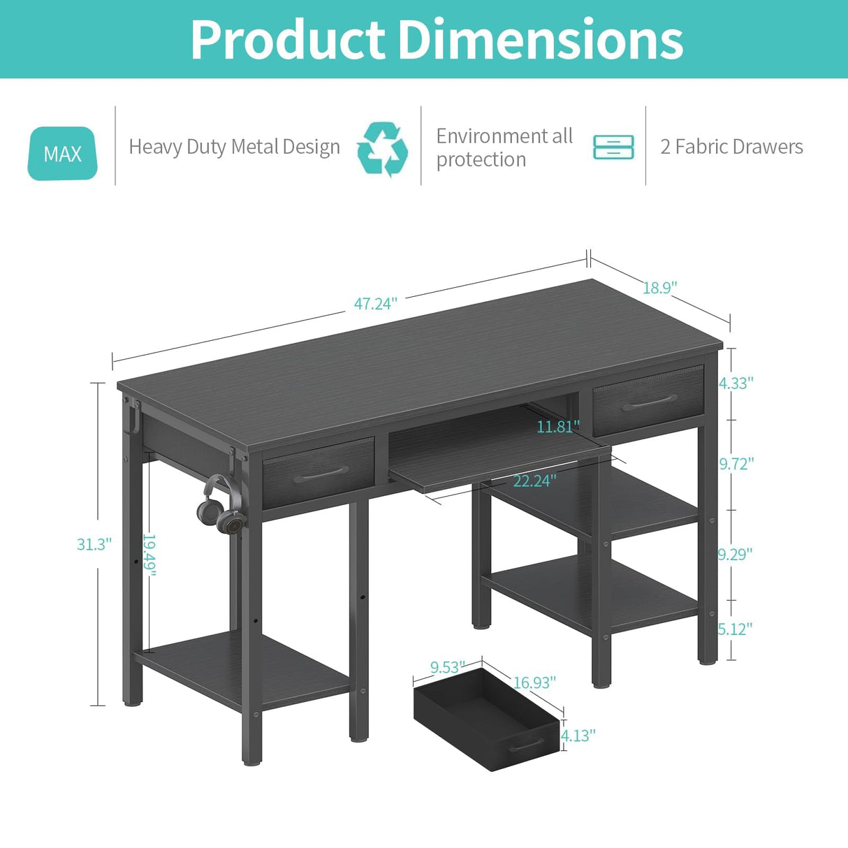 Lufeiya Desk with Keyboard Tray Slide Out, 47 Inch Home Office Computer Desks with Fabric Drawers & Storage Shelves, Modern Simple Study Writing Gaming Table for Bedroom, Black Lufeiya