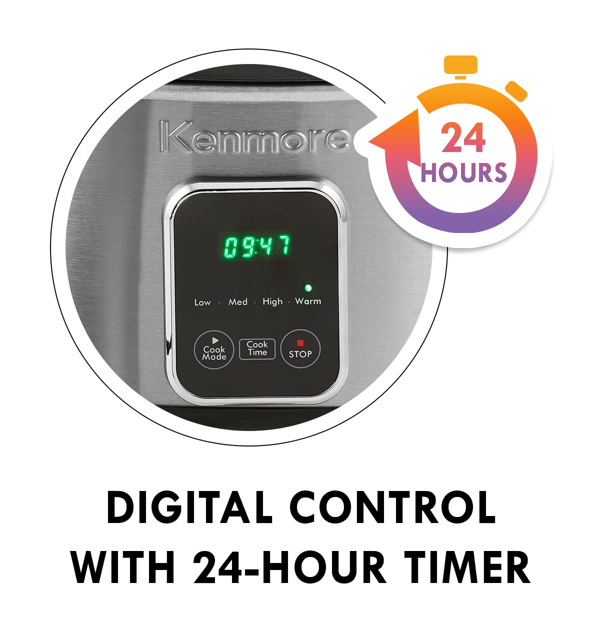 Kenmore 7 Quart Slow Cooker Programmable Kitchen Appliance Dipper Sauce-Warmer Stainless Steel Digital Display One-Touch Controls Braise Simmer Sous Vide Stew Soup Chili Curry Black and Silver Koolatron