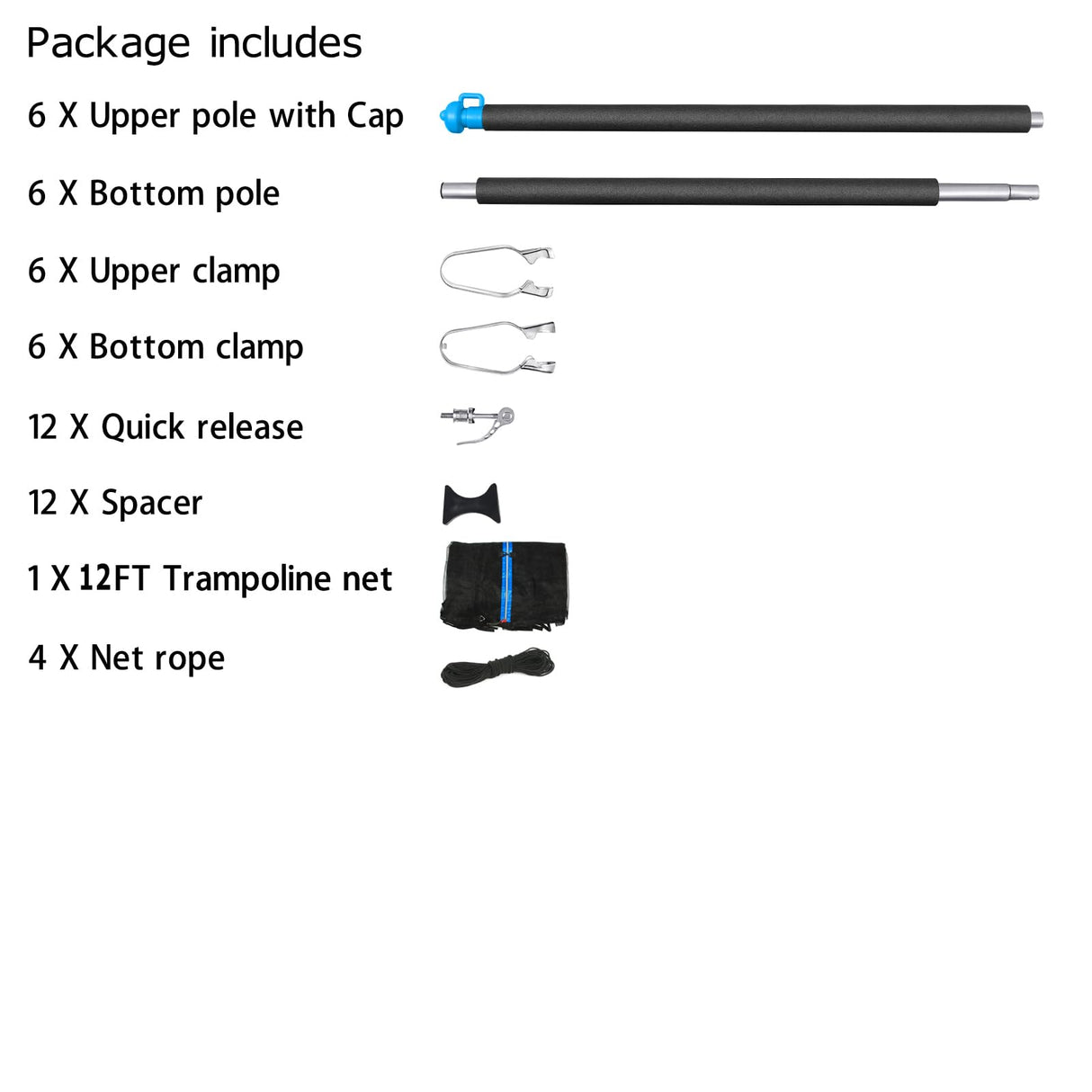 12FT Trampoline Enclosure Net with Universal Trampoline Replacement Enclosure Poles and Hardware (Fit for 12FT Trampoline with 6 Poles) Zoomster