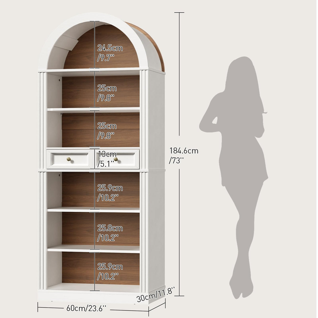RALGEND Arched Bookshelf, 73" Tall Arch Bookcase with Drawers, 6-Tier Farmhouse Book Shelf, Wooden Bookshelf with Open Display Shelves for Living Room, Office, Adjustable Shelf, Walnut and White RALGEND
