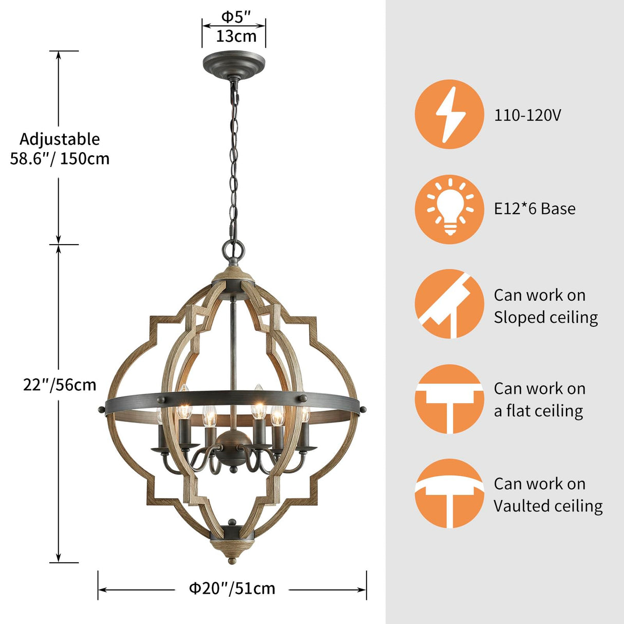 Saint Mossi 6-Lights Farmhouse Chandelier Light Fixture, Rustic Globe Chandelier for Dining Room, Pendant Light Fixtures,H29 x D21, Adjustable Hanging Chain, Wood Grain Metal Frame SM Saint Mossi