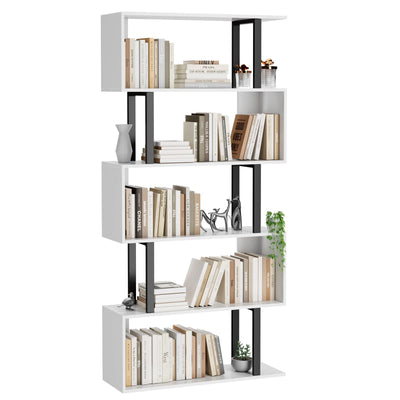 Gadroad 5 Tier Geometric Bookcase,S Shaped Bookshelf, Wood Decorative Storage Shelving, Modern Freestanding Display Shelves, Tall Book Shelf Unit for Living Room Bedroom, White