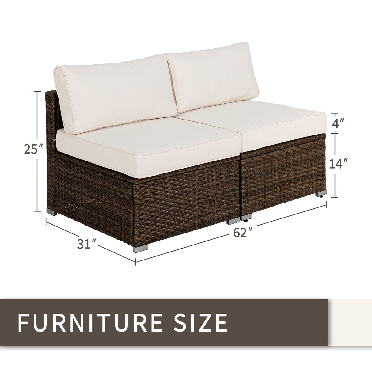 SUNBURY 2-Piece Outdoor Sectional Wicker Sofa in Off White Cushion, Elegant Brown Patio Furniture Chair, Armless Chair, Add-on Wicker Single Armless Seat SUNBURY
