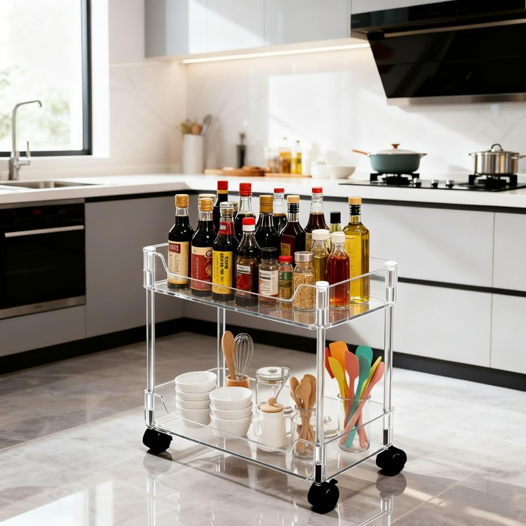 Betoveren 2 Tier Utility Rolling Cart Storage Organizer with Wheels Under Desk Mobile Bathroom Cart Organizer for Office Bathroom Home Kitchen Organization Transparent (Width 8.85 Inches) Betoveren