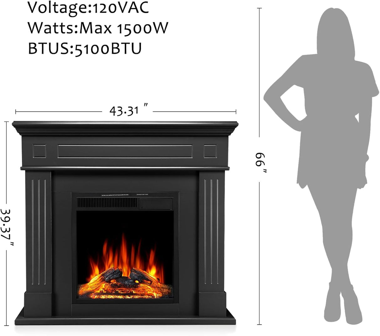 43 Inch Fireplace TV Stand with Mantel - Electric Fireplace Heater, Wooden Entertainment Center, Adjustable LED Flame, Freestanding (750W/1500W),Black ZAFRO