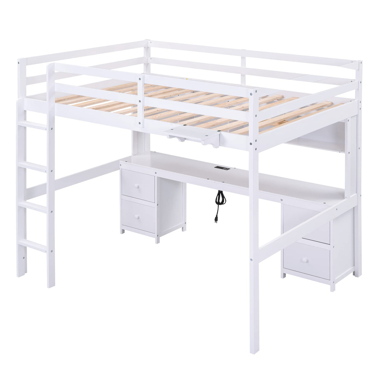 Full Size White Loft Bed with Desk, Drawers, Shelves, and Charging Station Bellemave