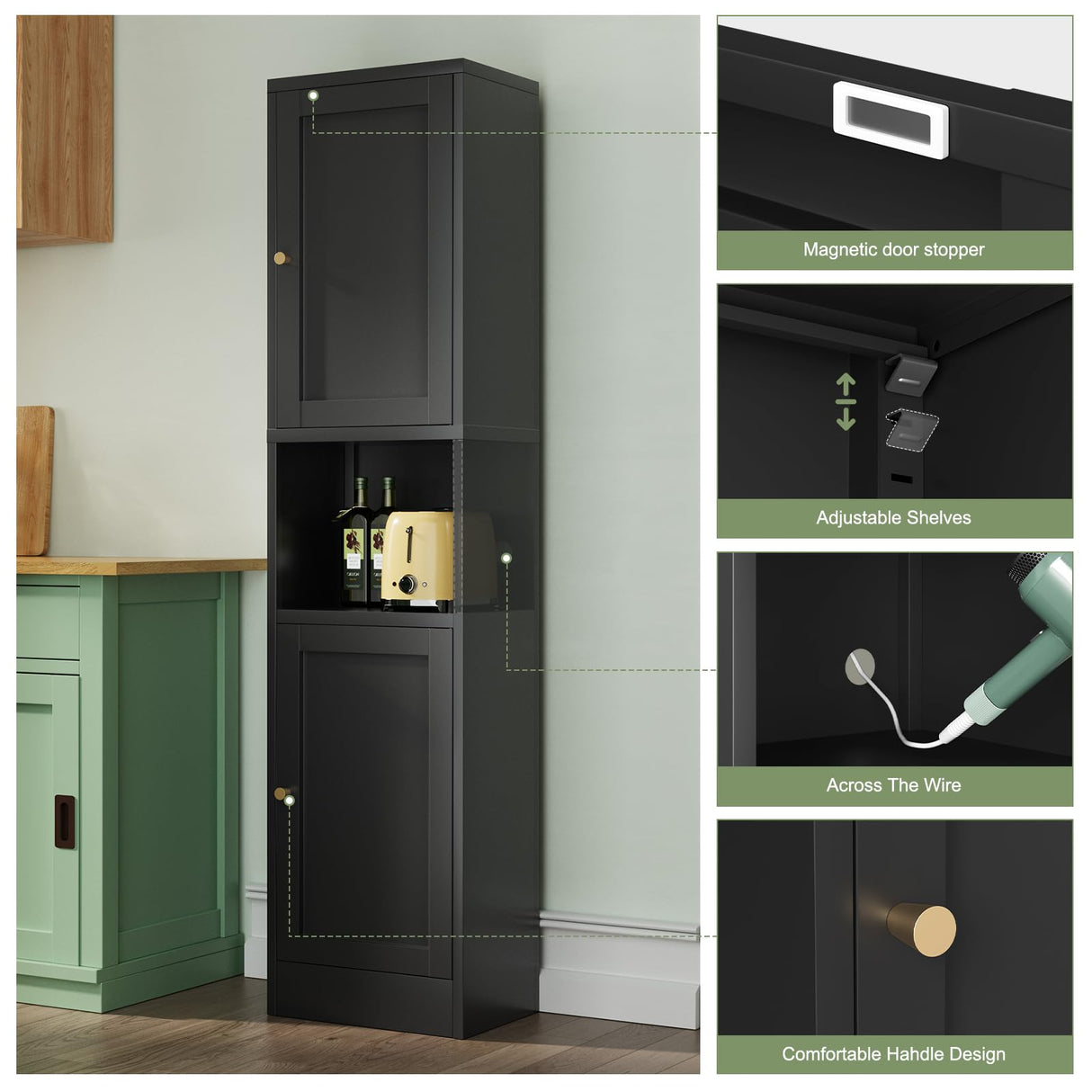 Bevivog Tall Bathroom Storage Cabinet,Narrow Metal Cabinet with Open Compartment,Freestanding Floor Cabinets Adjustable Shelves for Small Spaces, Slim Kitchen Pantry,Living Room,Black Bevivog