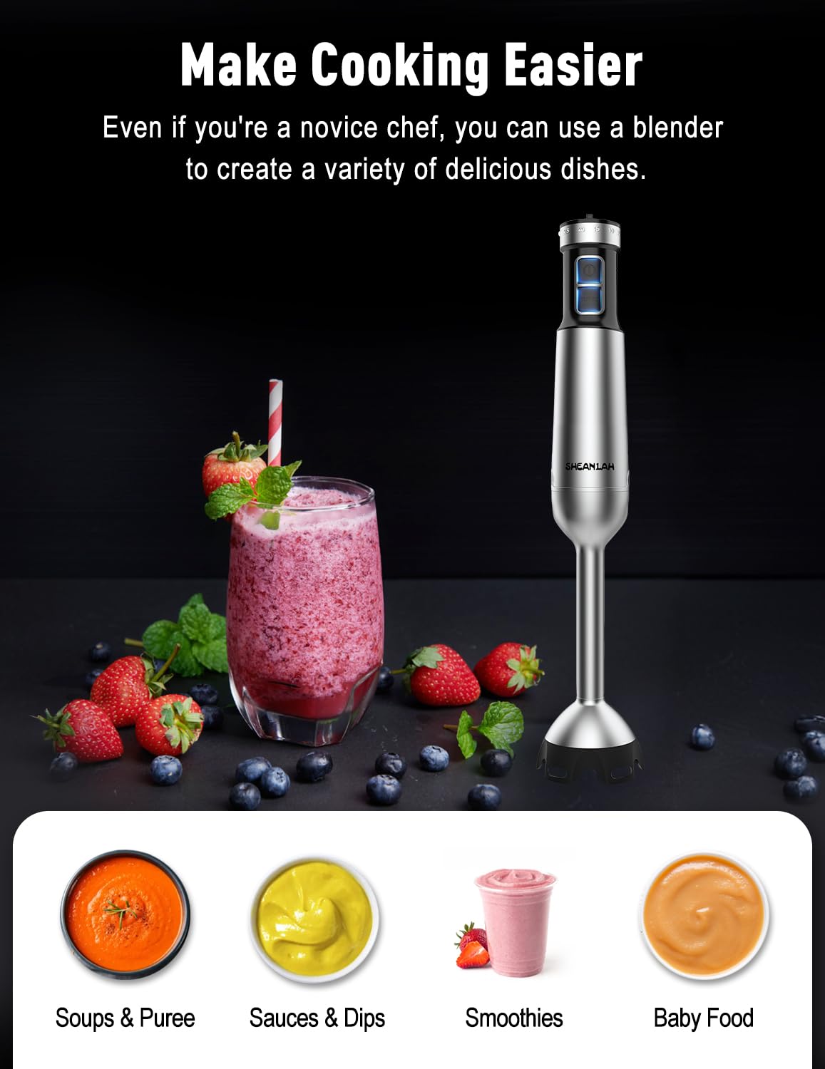 1000W Powerful Immersion Blender handheld, 2024 New Update Hand Blender with 25-Speed, Scratch-Resistant Hand Mixer with Heavy-Duty Copper Brushless Motor and Gift Box SHEANLAH