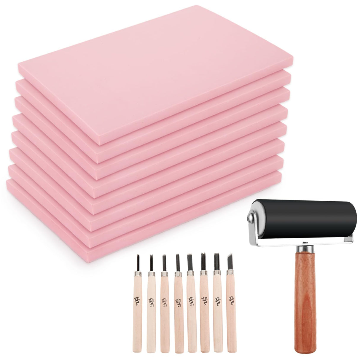 FVIEXE 8PCS 4x6 Inch Linoleum Carving Blocks for Printmaking, Rubber Linocut Block Stamp Making Kit with Wood Carving Tools and Rubber Brayer Roller, Soft Stamp Carving Kit for DIY Crafts FVIEXE