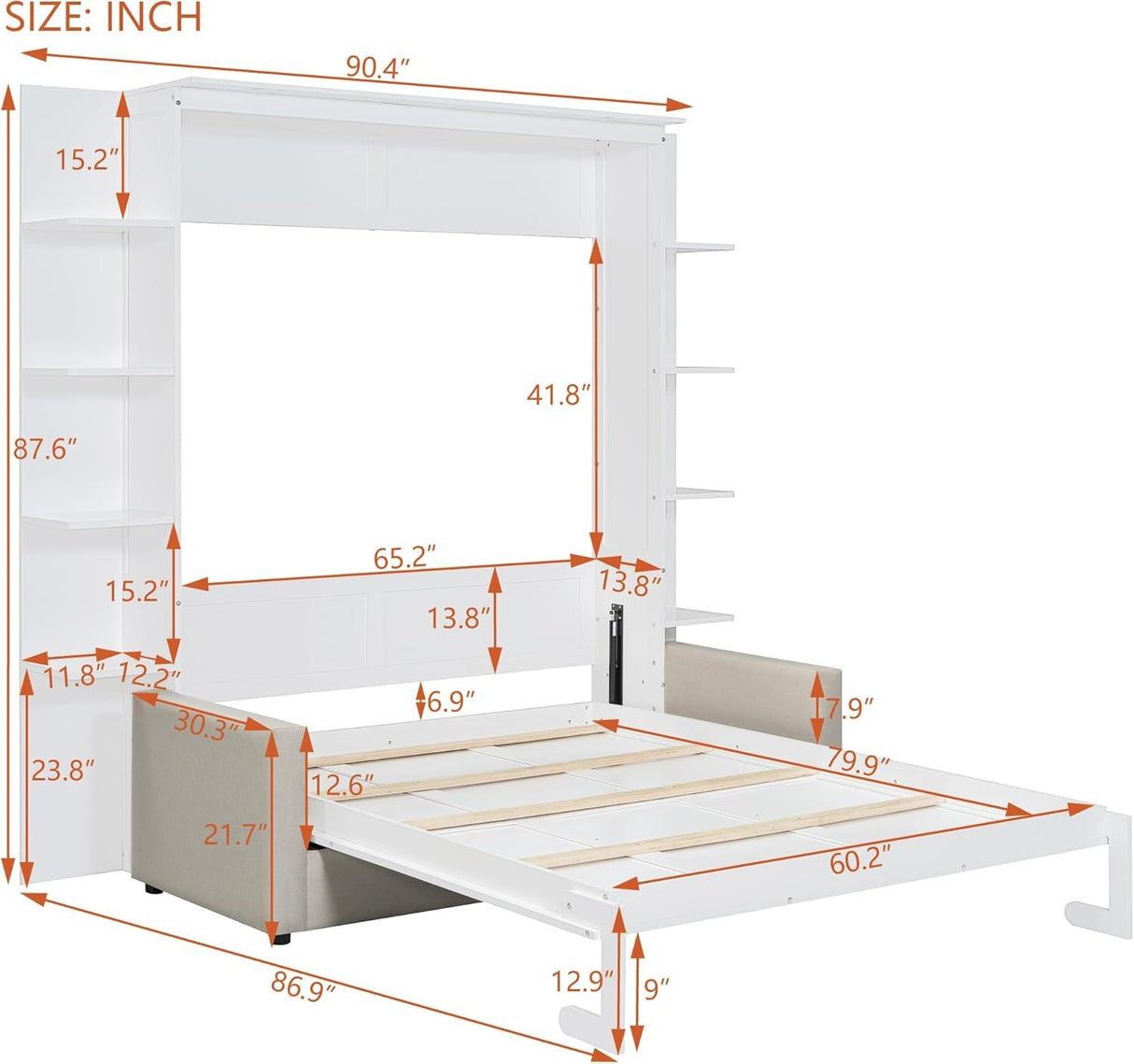 Virubi Queen Murphy Bed with Couch and Storage Shelves,Wood Murphy Bed Cabinet with Storage Shelves and Sofa,Folding Murphy Wall Bed Queen Size (White) Virubi