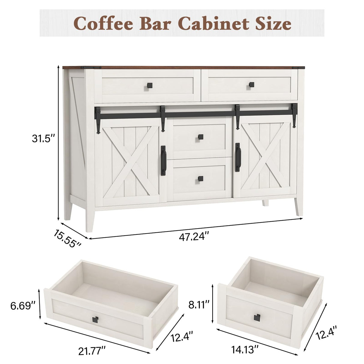 GlouMod Farmhouse Buffet Cabinet with Storage, 47" Sideboard Cabinet with Shelves and Sliding Barn Door, Neoclassical White Dresser for Bedroom, Coffee Bar Buffet for Kitchen, Living Room GlouMod