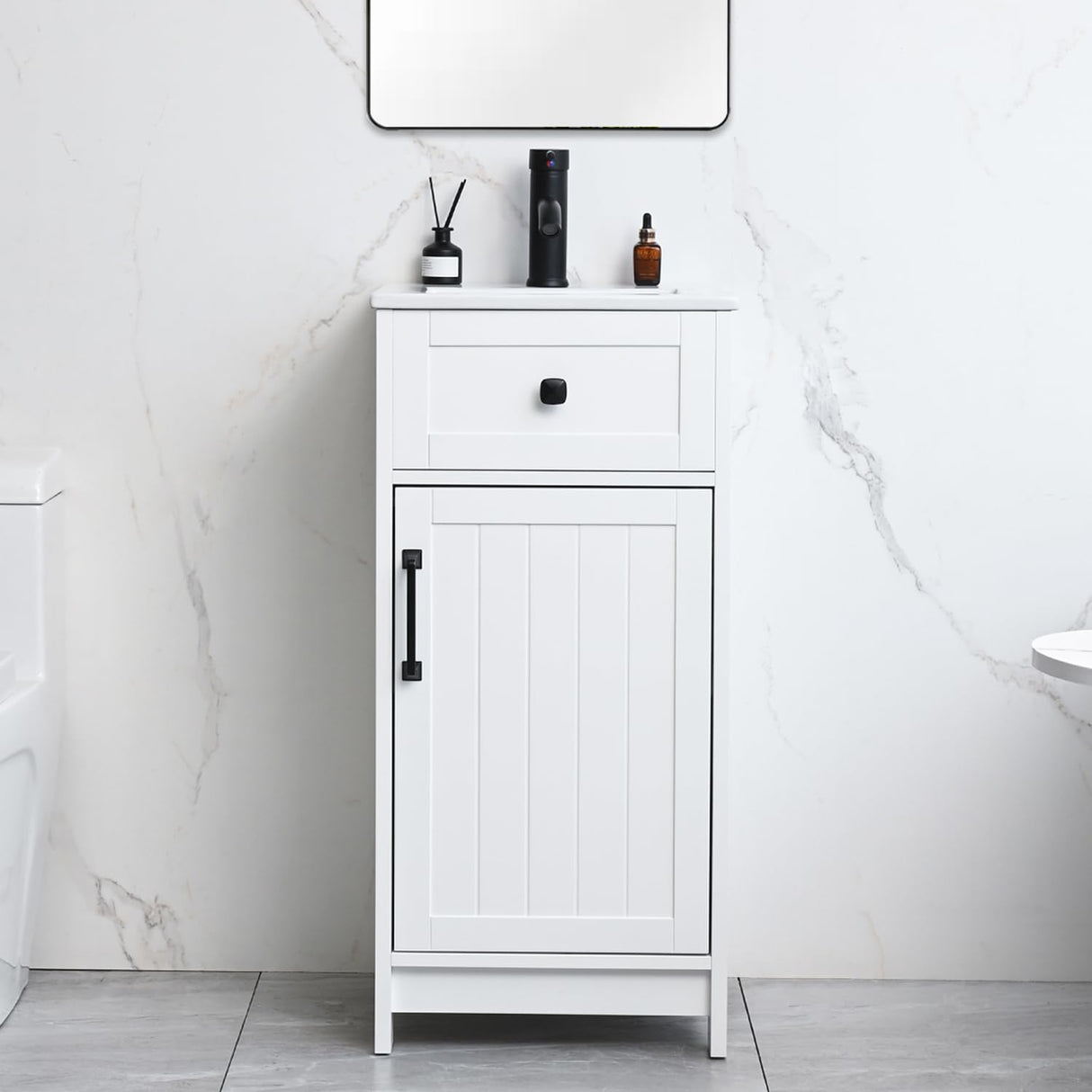 ALBAD 16-Inch Modern Bathroom Vanity with Sink, Small Bathroom Vanity Set with Storage, Freestanding Compact Space Bathroom Cabinet, Single Sink Cabinet with Adjustable Shelf (White) ALBAD