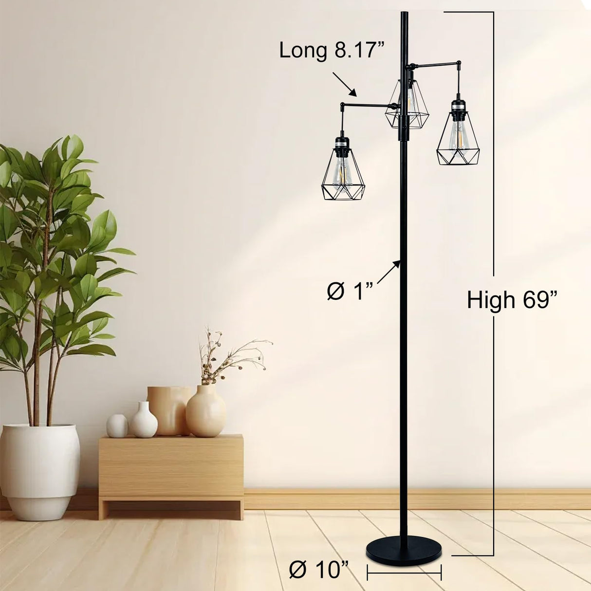JuGuo 69'' Dimmable Farmhouse Floor Lamp with 3X9W Edison Bulbs, Industrial Vintage Tree Design & Adjustable Diamond Cages, Black Rustic Lighting for Living Room/Office JuGuo