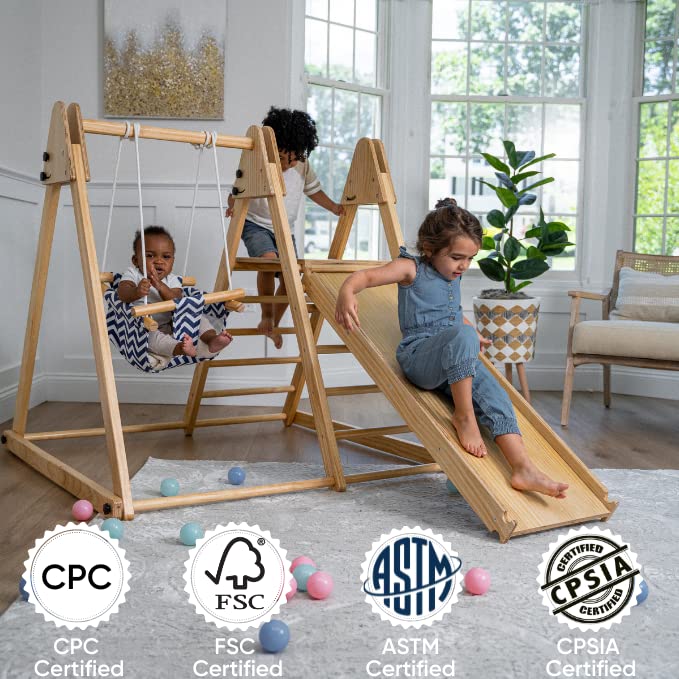 Avenlur 4-in-1 Juniper Indoor Play Gym - Jungle Gym Playset with Baby Swing, Slide, Ladder, and Climbing Wall - Foldable Wooden Playset - Indoor Jungle Gym for Kids Ages 18mo to 6yrs Avenlur