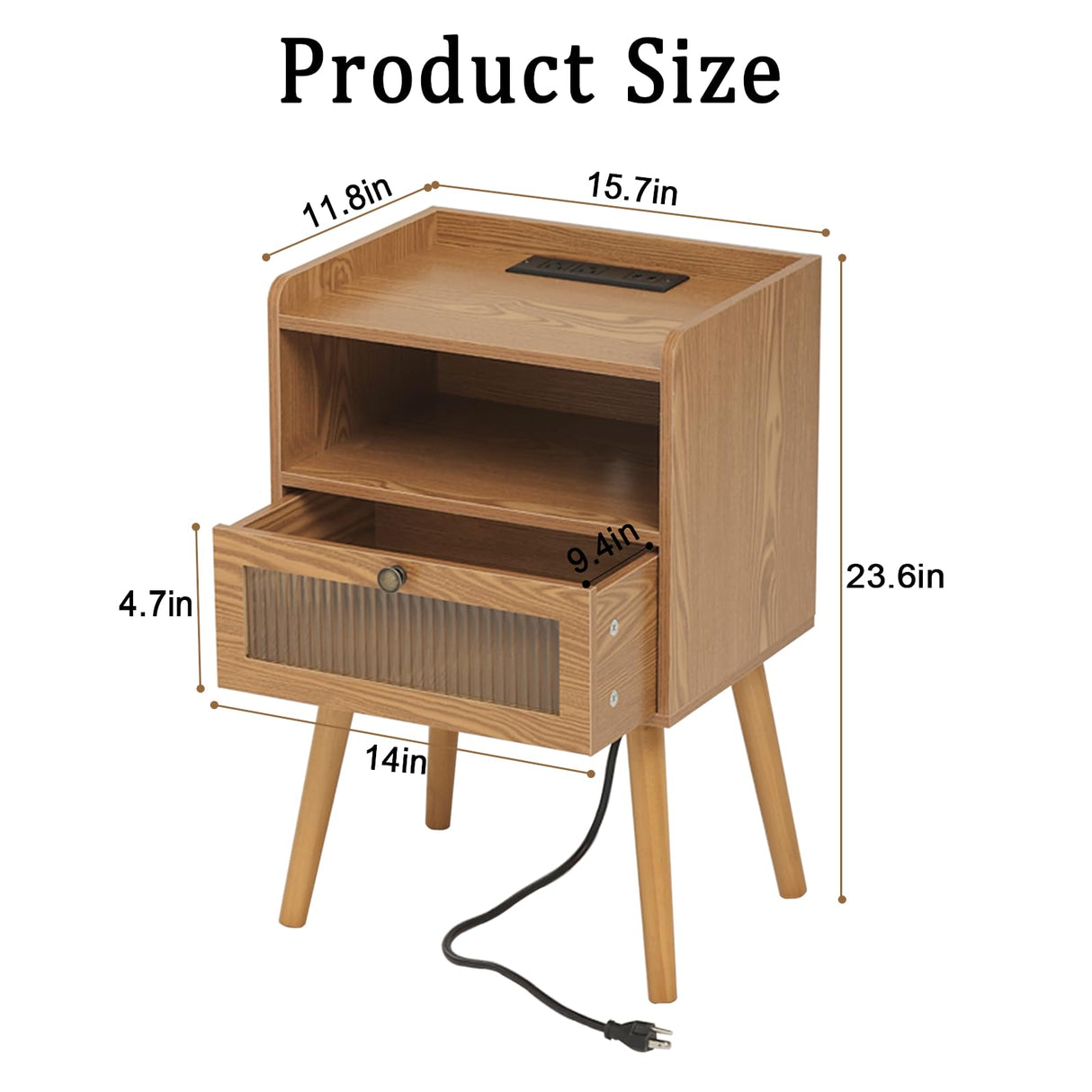 AWASEN Mid Century Nightstand with Charging Station, Modern Bedside Table with Glass Decorative Drawer, Small End Table Side Table with 2 Tiers Storage for Bedroom, Office and Small Space(Brown) AWASEN