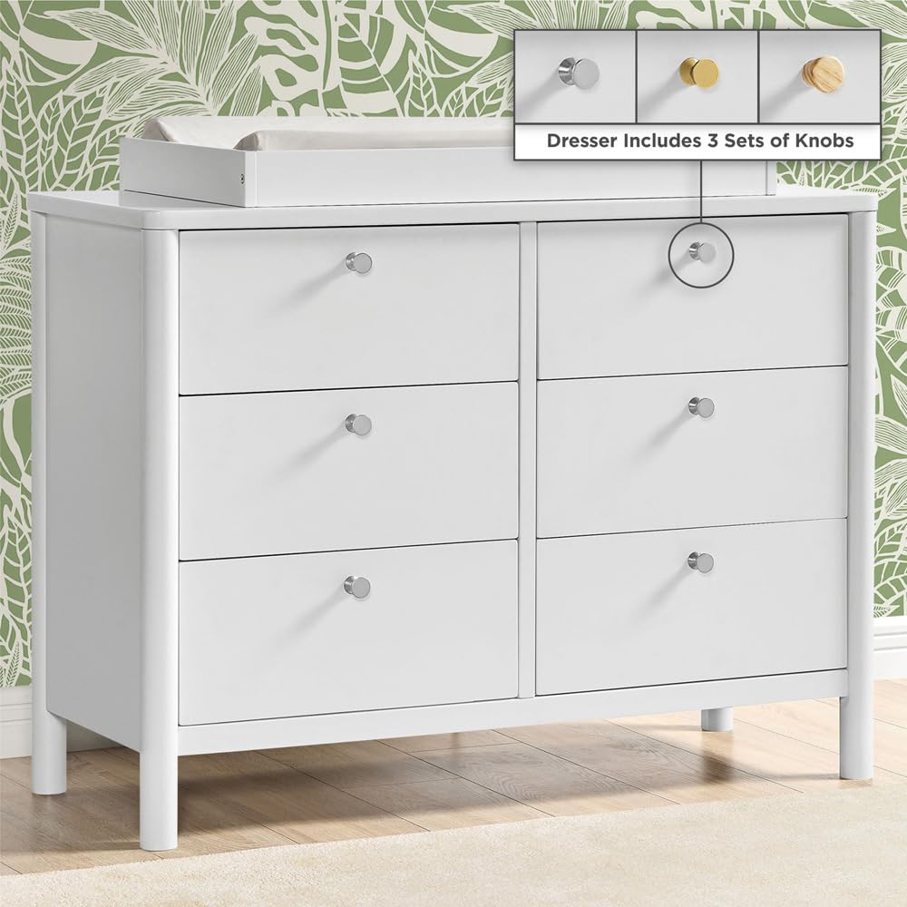 Delta Children Brooks 6 Drawer Dresser with Interlocking Drawers (Includes 3 Sets of Knobs – Choose from Natural, Brushed Nickel & Melted Bronze), Bianca White Delta Children