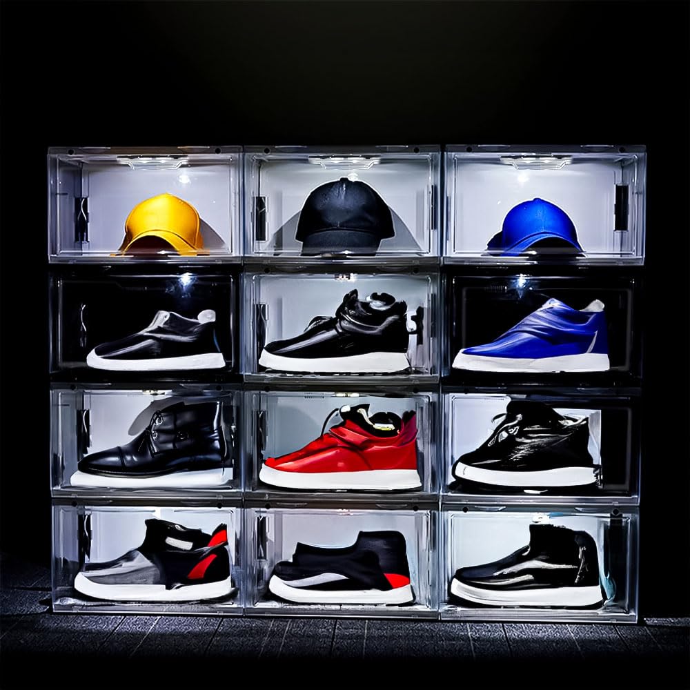 JNTKE 2 Packs LED Sneakers Boxes, Stackable Clear Shoe Display Cases, Plastic Shoe Storage Organizer for Closet, Magnetic Open Collection Storage Containers with Lids, White JNTKE