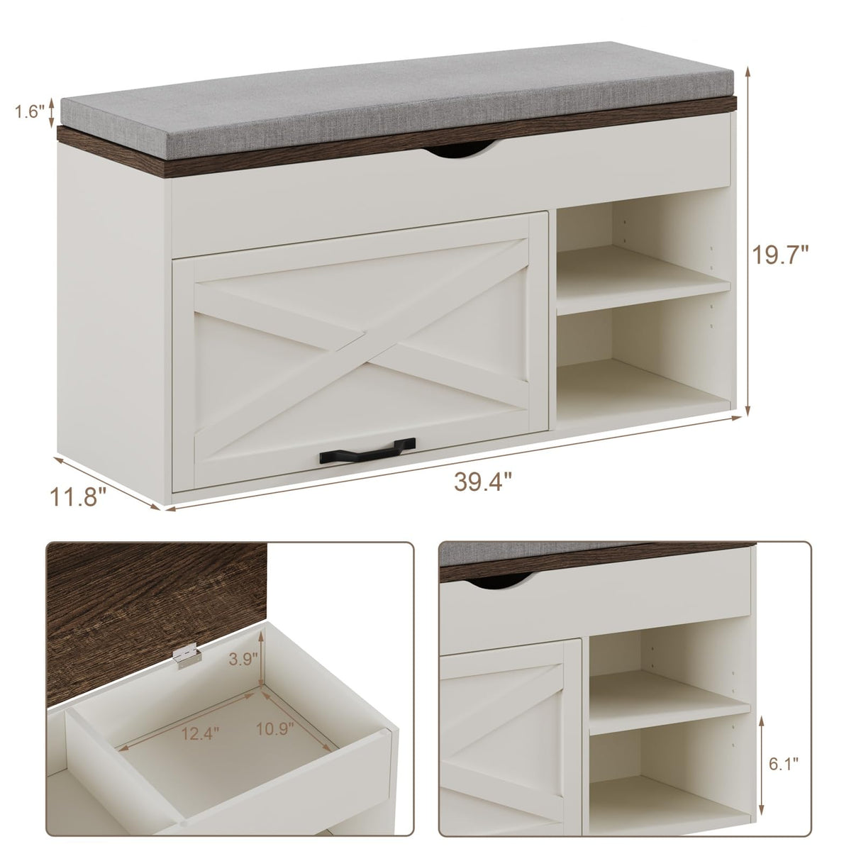 ChooChoo Storage Bench with Cushion, Shoe Bench with Lift Top Storage, Adjustable Shelf, Shoe Cabinet for Entryway, Living Room, Bedroom, Soft White & Brown ChooChoo