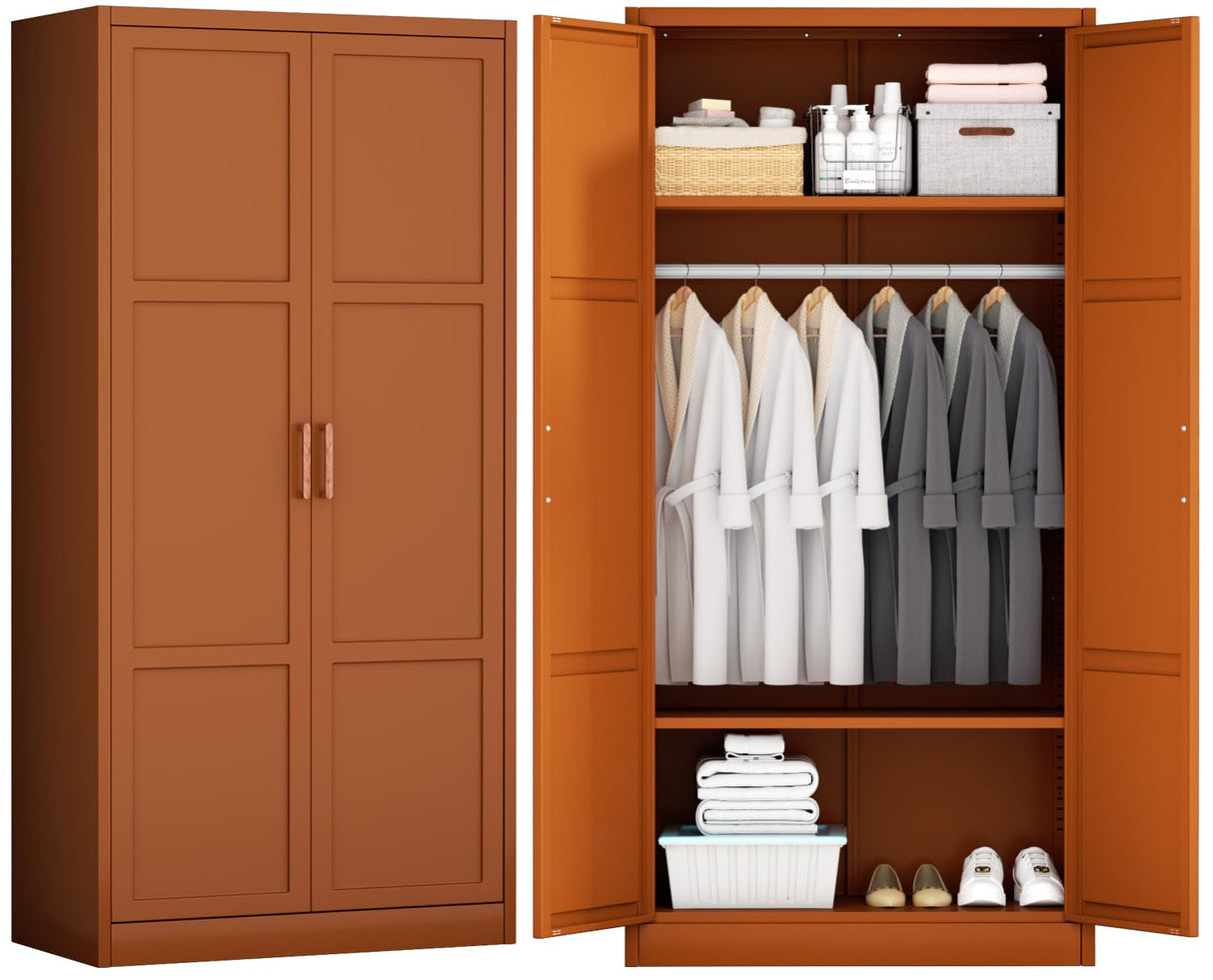 INTERGREAT Metal Armoire Wardrobe Closet with Doors, 71'' Wardrobe Cabinet with Hanging Rod, Armoire with Shelves, Tall Clothing Storage Cabinet for Bedroom, Brown INTERGREAT