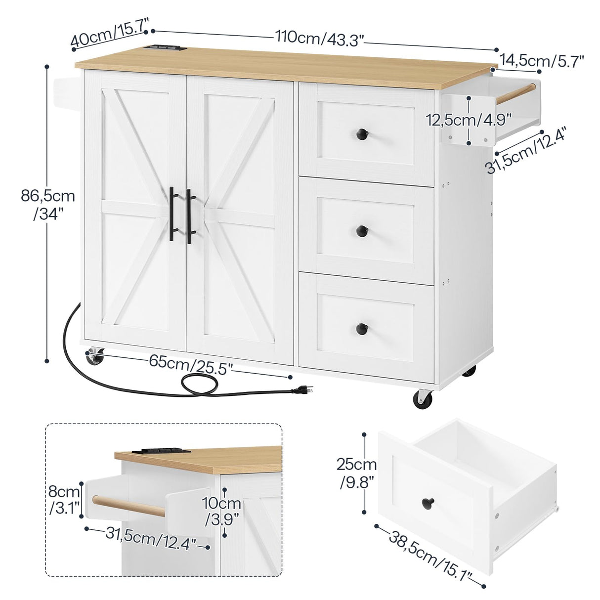 HOOBRO Kitchen Island with Power Outlet, Kitchen Island on Wheels, Rolling Kitchen Island Cart with 3 Drawers, Storage Cabinet and Adjustable Shelf, for Home and Kitchen, White and Natural WN15UZD01 HOOBRO