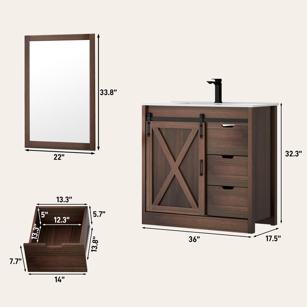 chartustriable 36 Inch Bathroom Vanity with Sink & Faucet & Mirror, Farmhouse Bathroom Vanity Cabinet Set with Sliding Barn Door & Drawers, Small Single Bath Storage Vanity Sink, Brown chartustriable