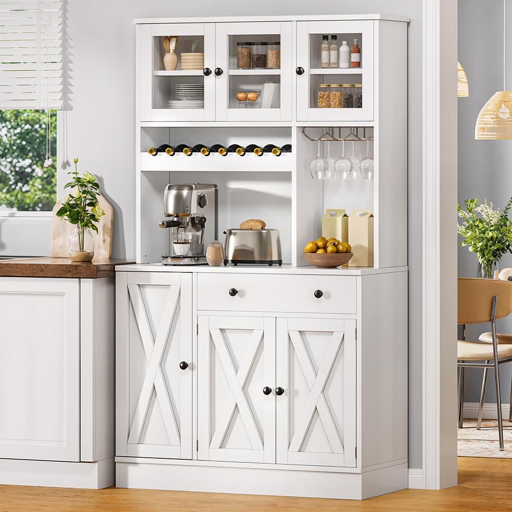 DWVO 71''H Kitchen Pantry Storage Cabinet with Power Outlet, Tall Cabinet with Doors, Shelves & Drawer, Buffet Cabinet with Goblet Holder and Wine Rack for Kitchen, Living Room (41''W, White) DWVO