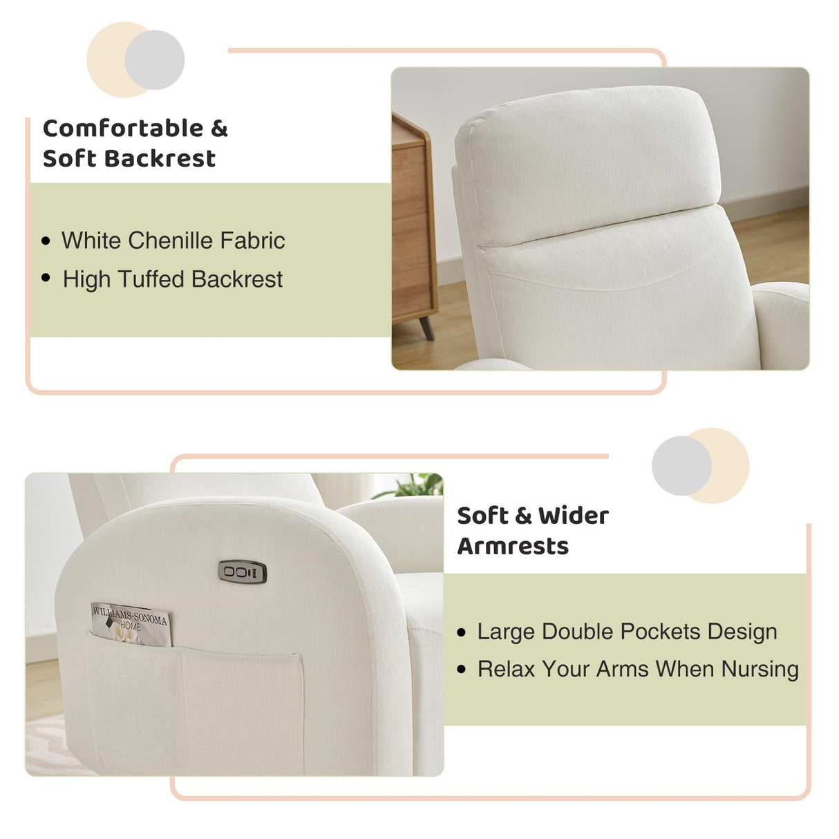 Power Nursery Glider Recliner, Chenille Electric Rocker Recliner with Type-C & USB Port, Nursery Swivel Rocker Recliners with Double Pockets for Adult, Cream White AEMEIOS