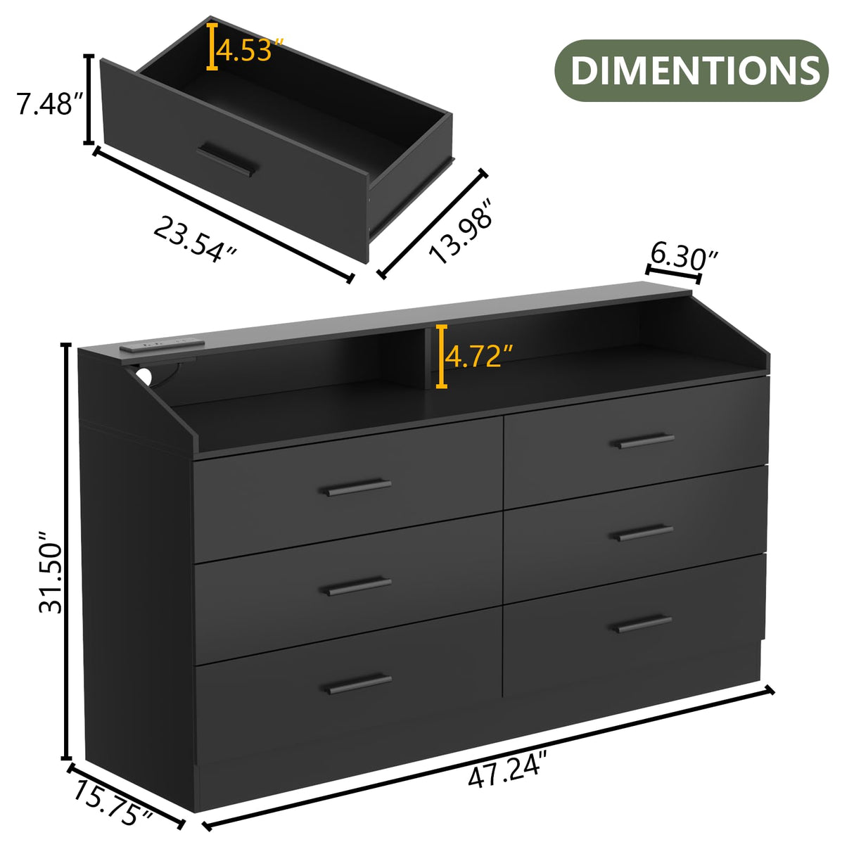 Gyfimoie 6 Drawer Dresser for Bedroom with Charging Station, Dresser with LED Light, Chest of Drawers for Closet, Modern Dresser with Open Storage Cubby, Double Wide Dresser (Black-, 6 Drawers) Gyfimoie