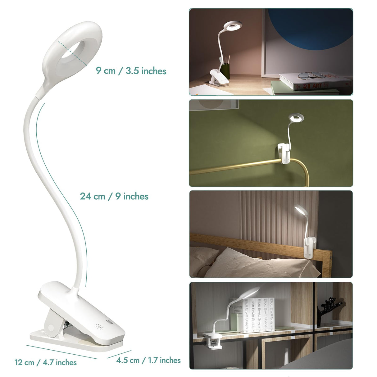 CUHIOY Clip on Reading Light for Bed Headboard, Rechargeable Battery Clamp on Bunk Bed Light, 5 Colors 5 Brightness Flexible Neck Desk Lamp, Eye Protect LED Touch Control Book Lights at Night for Kids CUHIOY