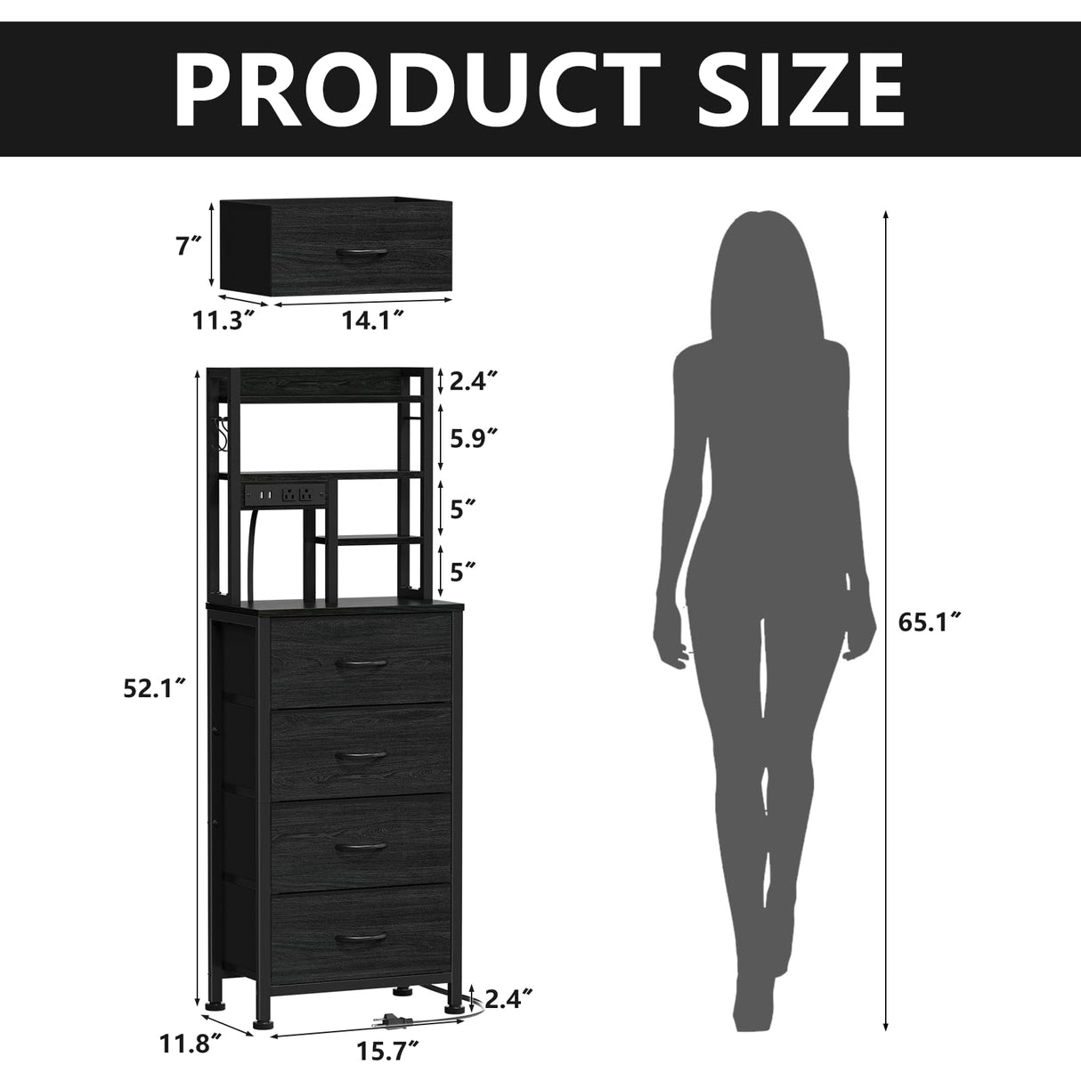 Furnulem Tall Nightstand, LED Night Stand with Charging Station and USB Ports, 4 Fabric Drawers and 4 Tier Storage Shelf, Nightstands Bedside Tables for Bedroom, Dorm, Office (Black Oak) Furnulem