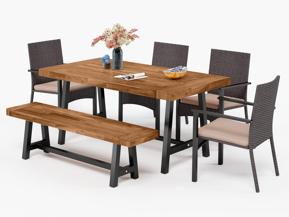 MFSTUDIO 6 Pieces Patio Dining Set with 4 Rattan Wicker Chairs,1 Acacia Wood Table and Bench,Outdoor Furniture Set with Removable Cushions for Patio,Garden,Lawn MFSTUDIO