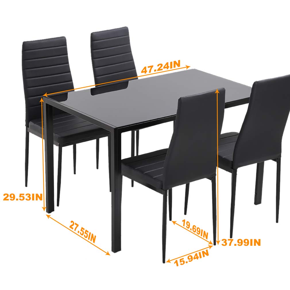 PayLessHere Dining Room Table Set 5-Piece Kitchen with 4 Faux Leather Metal Frame Chairs Rectangular Modern for Small Spaces w/Glass Tabletop Kitchen Table and Chairs, Black Glass PayLessHere