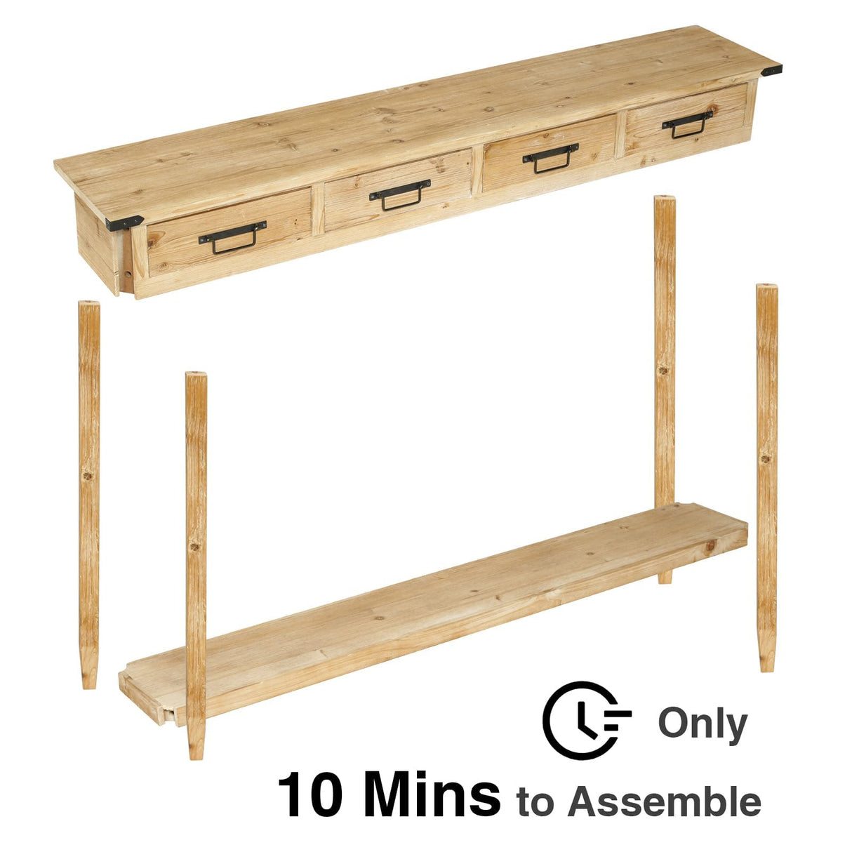 RUSTOWN Farmhouse Console Table with 4 Drawer, 60" Long Rustic Entryway Table with Open Storage Shelves and Handmade Metal Handle, Narrow Foyer Sofa Table for Living Room, Entryway, Hallway(Natural) RUSTOWN