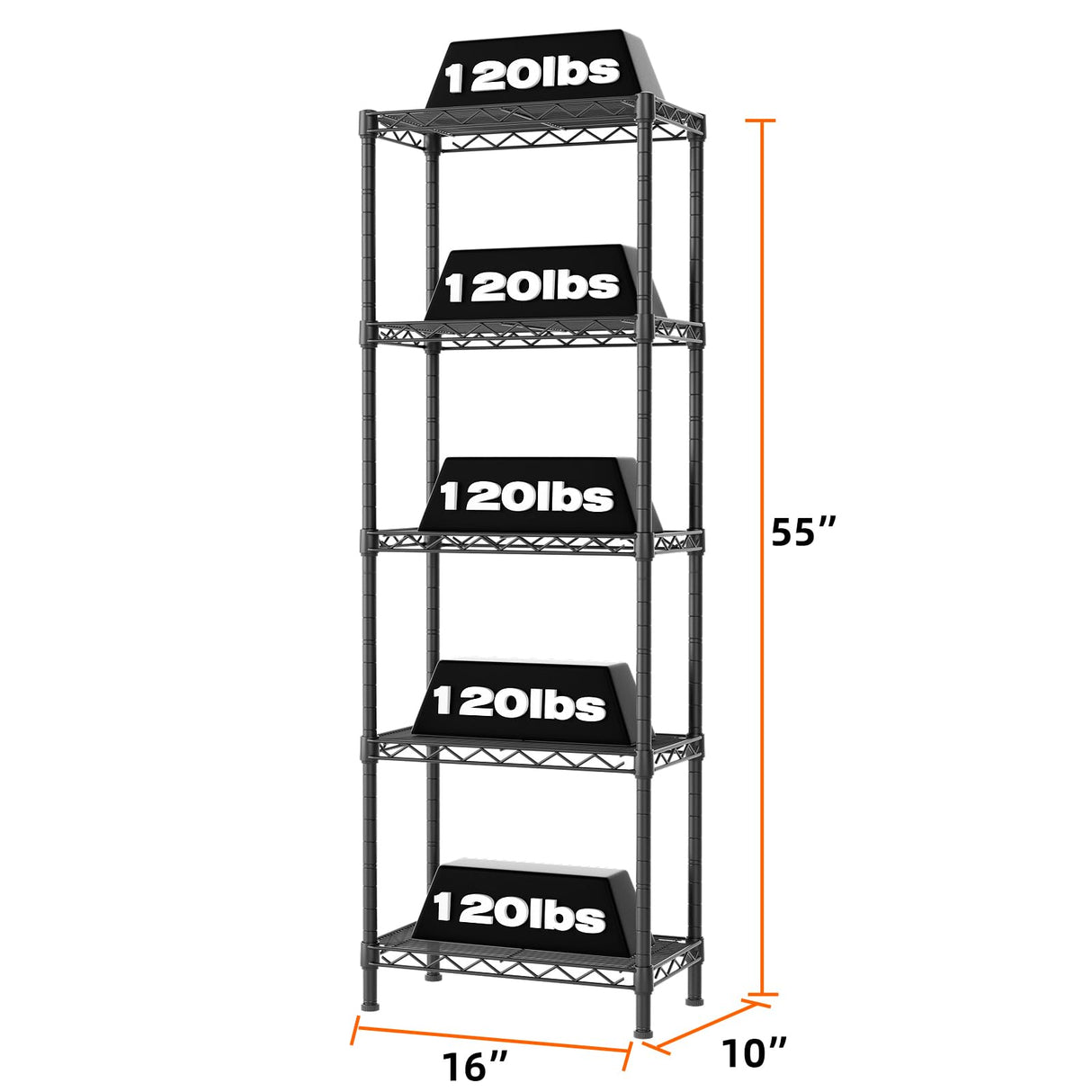 SINGAYE 5 Tier Shelf Wire Shelving Adjustable Storage Shelves Rack Standing Units for Kitchen Closet Laundry Bathroom Organizers Metal Pantry Narrow Mesh Gaps 10" D x 16" W x 55" H Black SINGAYE