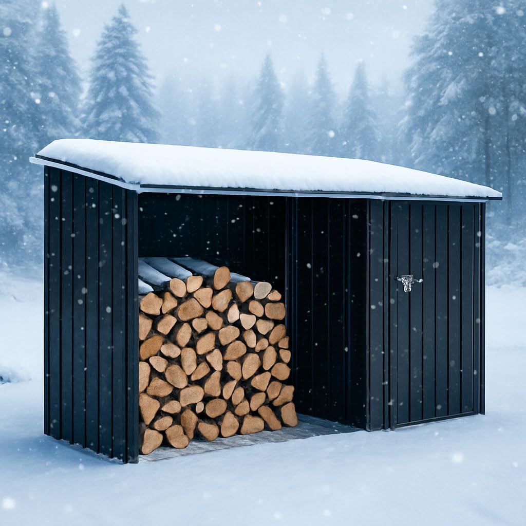 CWKISS 2-in-1 Outdoor Garden Storage Shed with Firewood Rack, Heavy Duty Galvanized Steel Tool Shed with Sloped Roof, Weather-Resistant Backyard Storage for Tools, Equipment & Firewood CWKISS