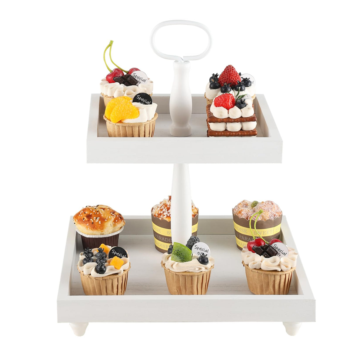 Rustic Wooden 2 Tiered Tray with Bead Garland, SYNCVIBE Square Farmhouse Style Decorative Trays Stand, Wood Serving Tray for Coffee Food Fruits Cupcakes, Home Decor Holiday Housewarming Gifts SYNCVIBE