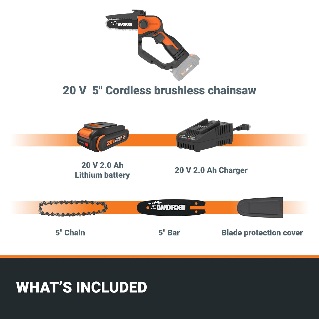 Worx 20V 5" Mini Cordless Chainsaw, 3.9 lbs, 22 ft/s Chain Speed, Power Share Battery, Upper & Hand Guard WG324 - Battery & Charger Included WORX